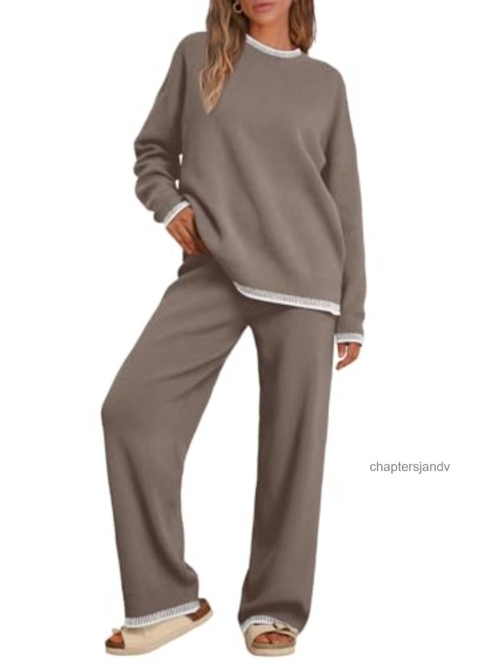 LILLUSORY 2 Piece Lounge Set Knit Sweater Drop Shoulder Wide Leg Pants